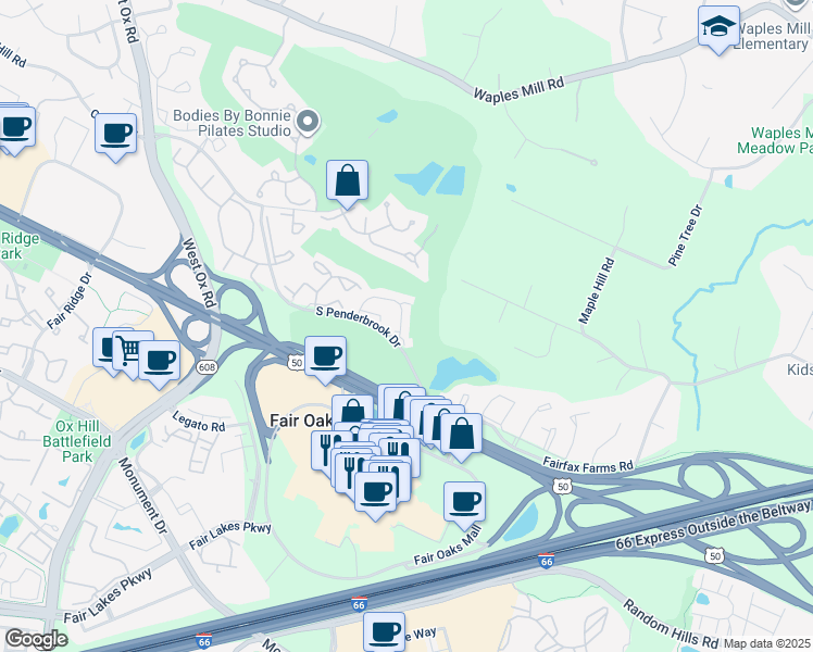 map of restaurants, bars, coffee shops, grocery stores, and more near 3849 Inverness Road in Fairfax