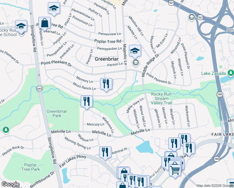 map of restaurants, bars, coffee shops, grocery stores, and more near 4323 Majestic Lane in Fairfax