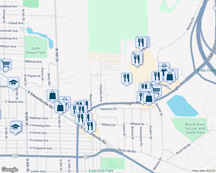 map of restaurants, bars, coffee shops, grocery stores, and more near 615 Colonial Drive in Wood River