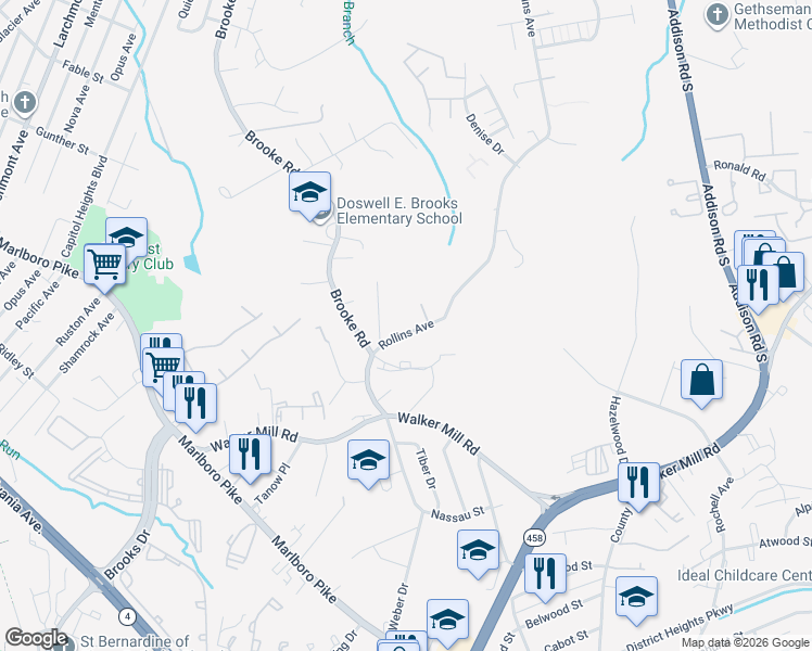 map of restaurants, bars, coffee shops, grocery stores, and more near 1517 Rollins Avenue in Capitol Heights