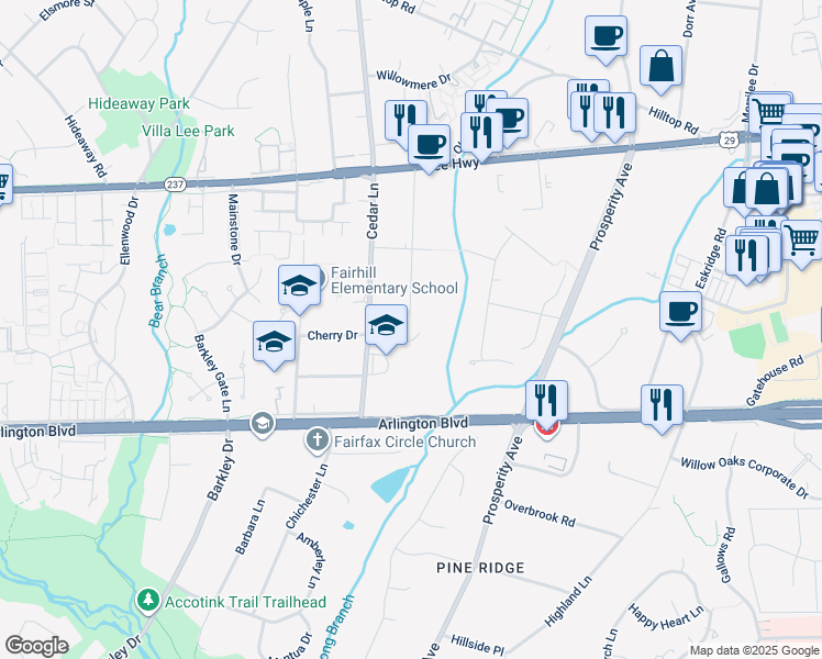 map of restaurants, bars, coffee shops, grocery stores, and more near 8604 Cherry Drive in Fairfax