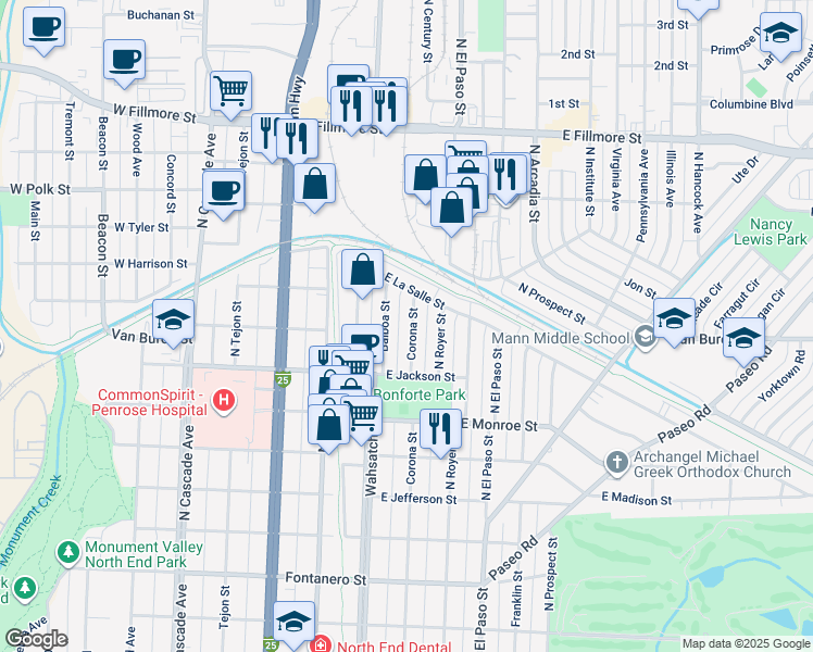 map of restaurants, bars, coffee shops, grocery stores, and more near 2506 North Corona Street in Colorado Springs