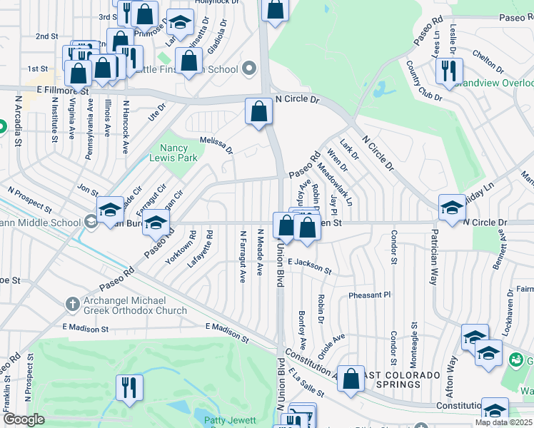 map of restaurants, bars, coffee shops, grocery stores, and more near 2504 North Union Boulevard in Colorado Springs