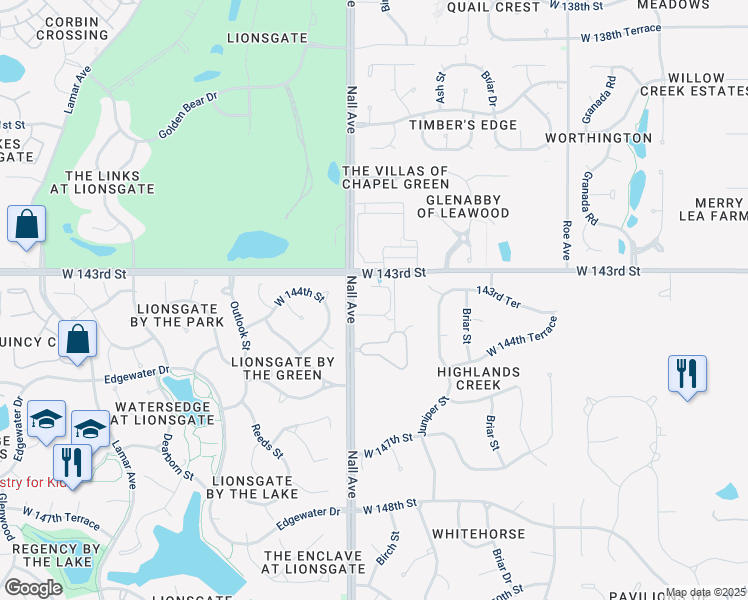 map of restaurants, bars, coffee shops, grocery stores, and more near 5401 West 143rd Street in Leawood