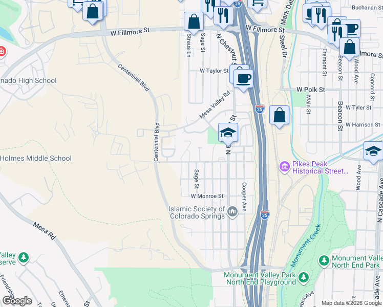 map of restaurants, bars, coffee shops, grocery stores, and more near 2585 Brewster Street in Colorado Springs