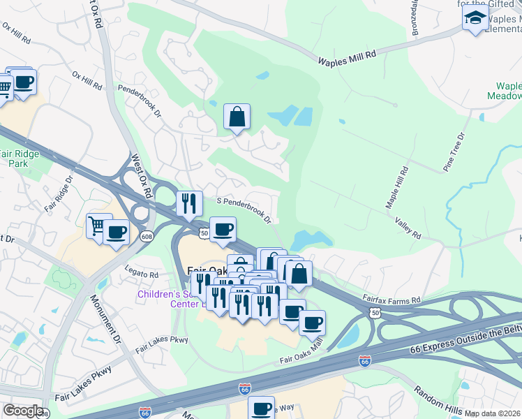 map of restaurants, bars, coffee shops, grocery stores, and more near 11900 Inverness Court in Fairfax
