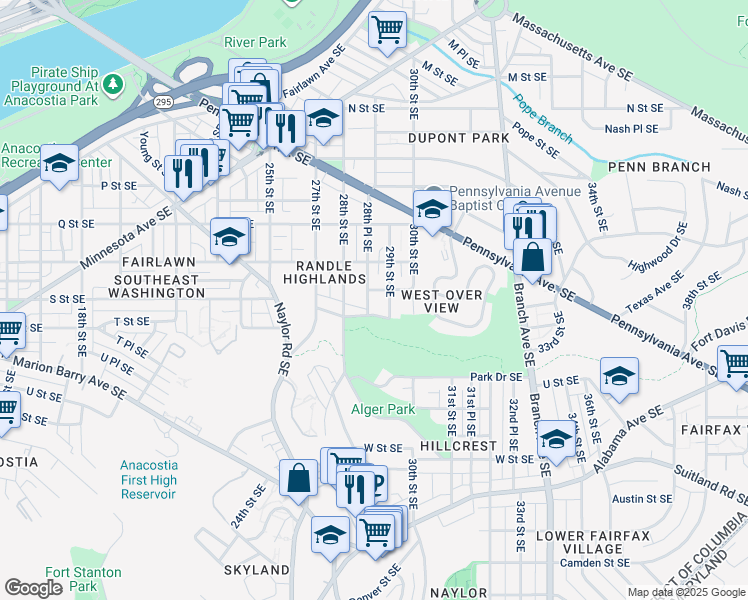 map of restaurants, bars, coffee shops, grocery stores, and more near 1800 28th Place Southeast in Washington