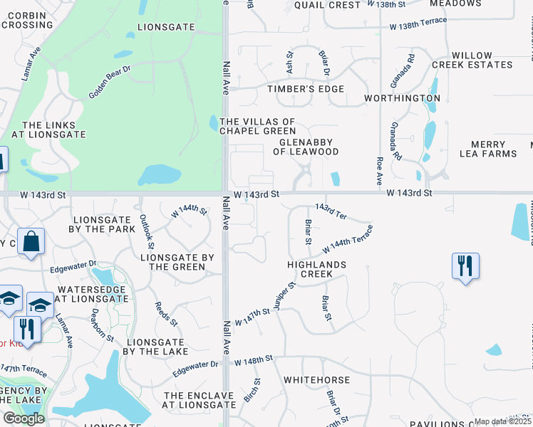 map of restaurants, bars, coffee shops, grocery stores, and more near 5201 West 143rd Street in Overland Park