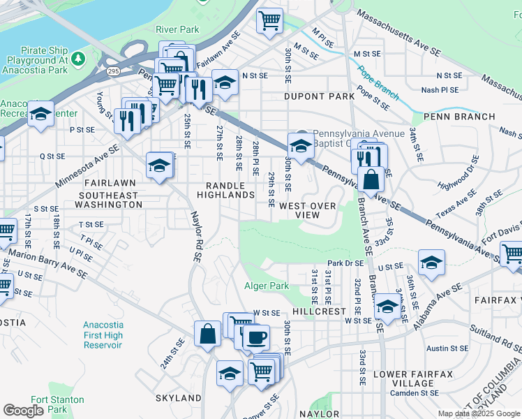map of restaurants, bars, coffee shops, grocery stores, and more near 1800 28th Place Southeast in Washington