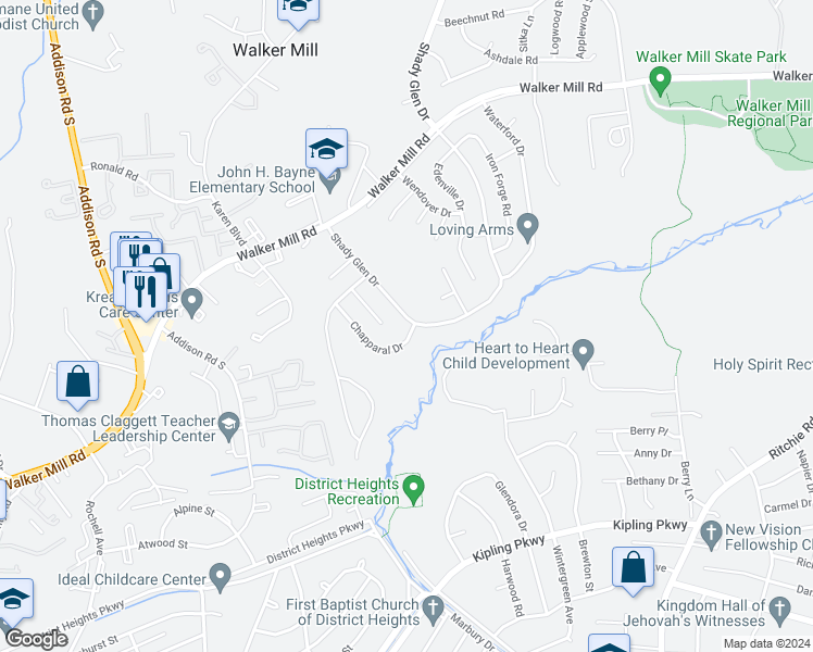 map of restaurants, bars, coffee shops, grocery stores, and more near 1600 Shady Glen Drive in District Heights