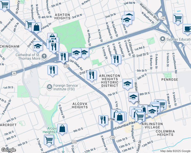 map of restaurants, bars, coffee shops, grocery stores, and more near 3321 5th Street South in Arlington