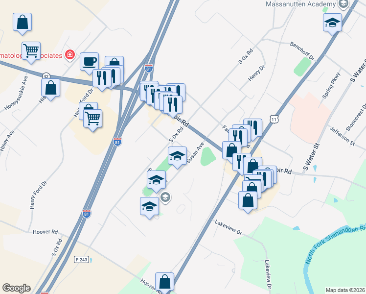 map of restaurants, bars, coffee shops, grocery stores, and more near Robins Way in Woodstock