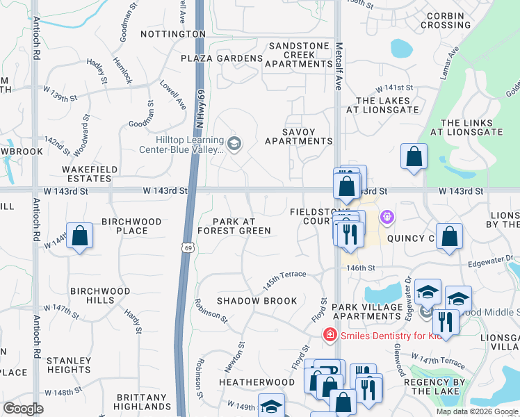map of restaurants, bars, coffee shops, grocery stores, and more near 14312 Conser Street in Overland Park