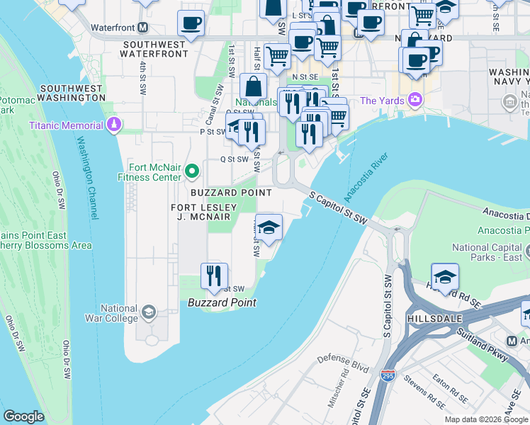 map of restaurants, bars, coffee shops, grocery stores, and more near S Street Southwest in Washington