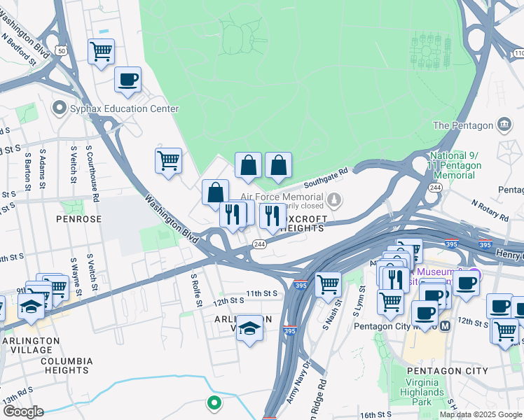 map of restaurants, bars, coffee shops, grocery stores, and more near 810 South Oak Street in Arlington