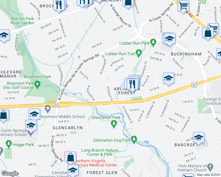 map of restaurants, bars, coffee shops, grocery stores, and more near 105 North Edison Street in Arlington