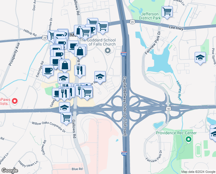map of restaurants, bars, coffee shops, grocery stores, and more near 8140 Harper Valley Lane in Falls Church