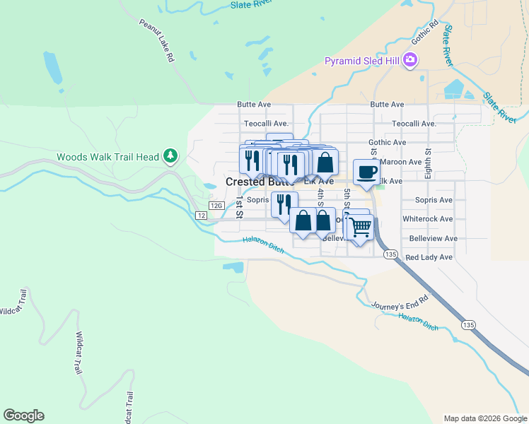 map of restaurants, bars, coffee shops, grocery stores, and more near 517 2nd Street in Crested Butte