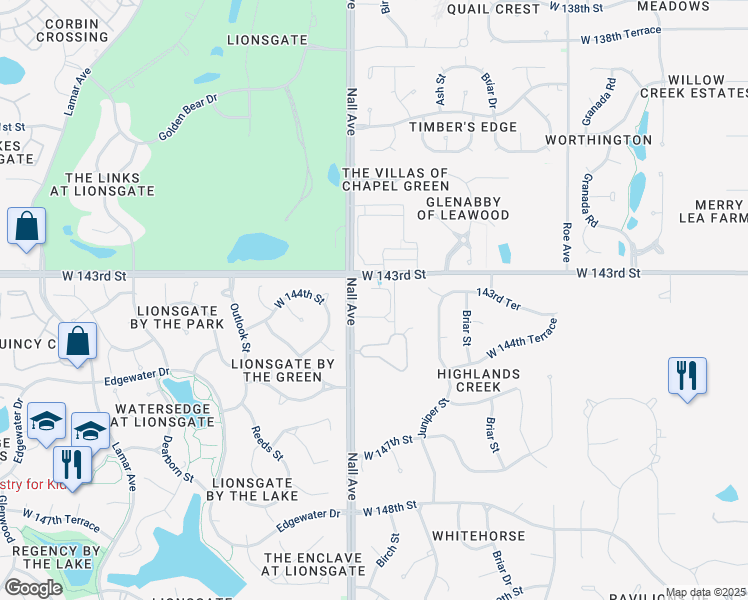 map of restaurants, bars, coffee shops, grocery stores, and more near 5401 West 143rd Street in Leawood