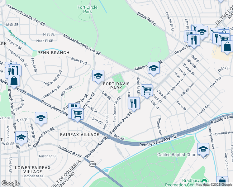 map of restaurants, bars, coffee shops, grocery stores, and more near 1510 Fort Davis Place Southeast in Washington