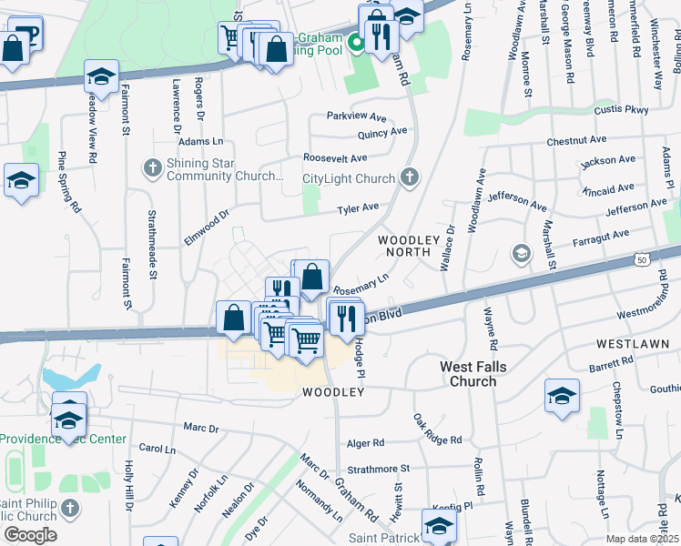 map of restaurants, bars, coffee shops, grocery stores, and more near 3023 Graham Road in Falls Church