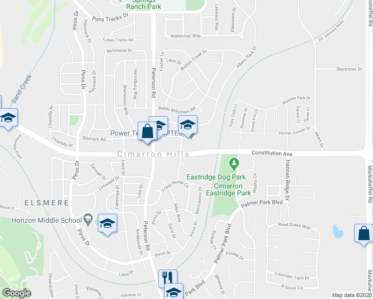 map of restaurants, bars, coffee shops, grocery stores, and more near 2515 Canada Drive in Colorado Springs