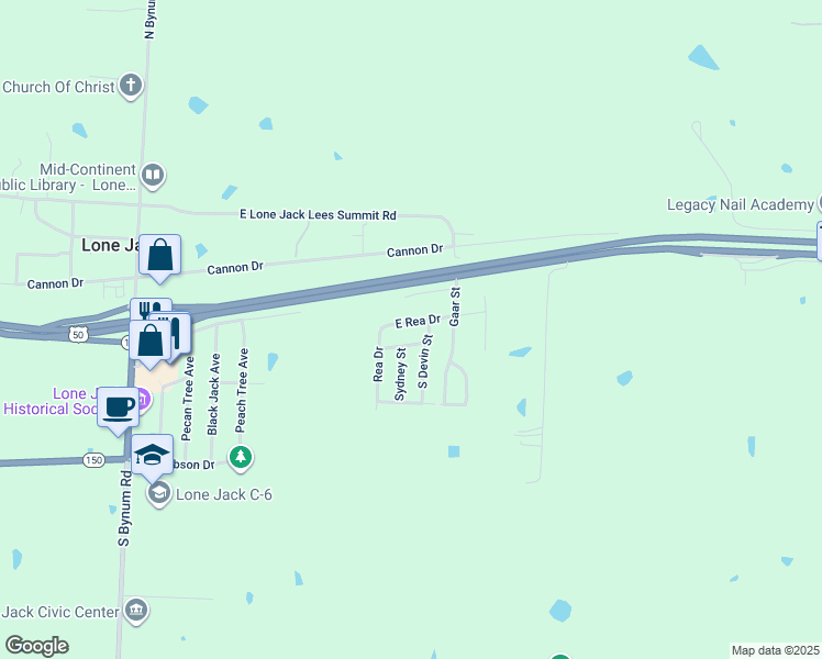 map of restaurants, bars, coffee shops, grocery stores, and more near 313 East Rea Drive in Lone Jack