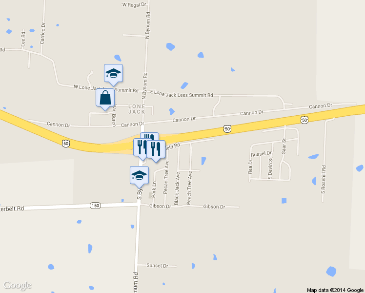 map of restaurants, bars, coffee shops, grocery stores, and more near 201 Black Jack Avenue in Lone Jack