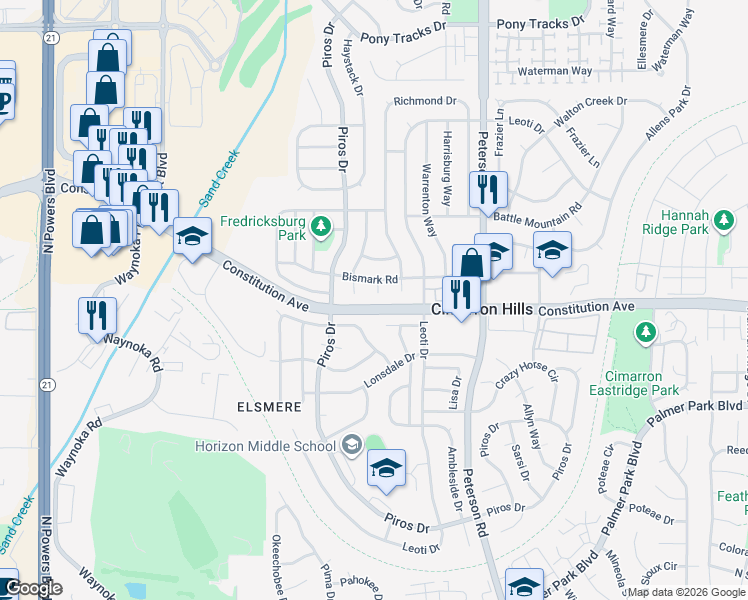 map of restaurants, bars, coffee shops, grocery stores, and more near 2510 Classic Court in Colorado Springs