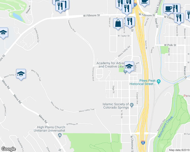 map of restaurants, bars, coffee shops, grocery stores, and more near 2618 Indian Hills Grove in Colorado Springs