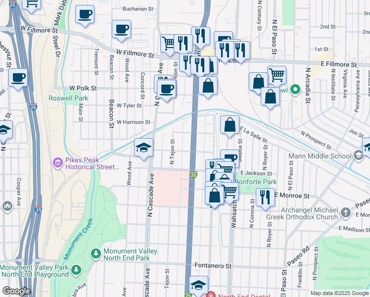 map of restaurants, bars, coffee shops, grocery stores, and more near 2430 North Nevada Avenue in Colorado Springs