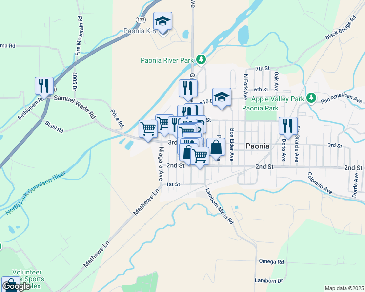 map of restaurants, bars, coffee shops, grocery stores, and more near 228 Grand Avenue in Paonia