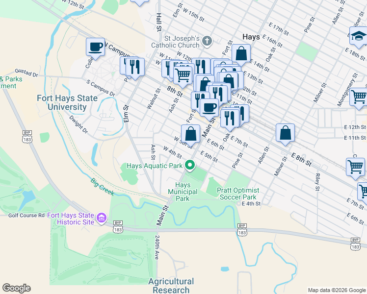 map of restaurants, bars, coffee shops, grocery stores, and more near 111 West 4th Street in Hays