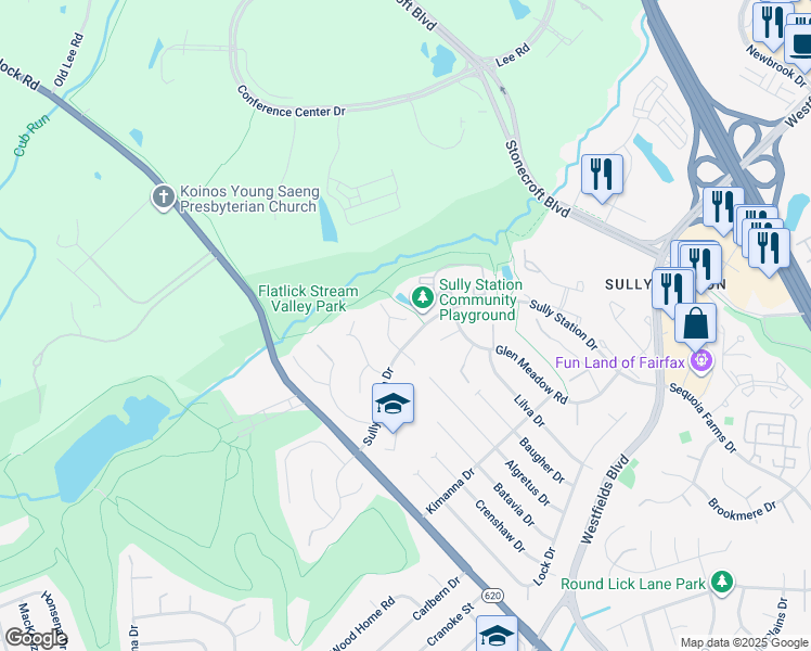 map of restaurants, bars, coffee shops, grocery stores, and more near 14808 Harvest Court in Centreville