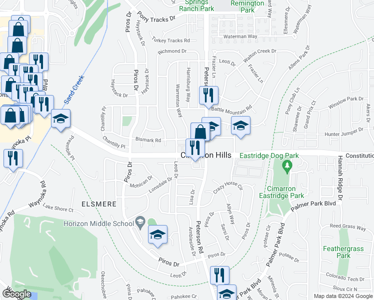 map of restaurants, bars, coffee shops, grocery stores, and more near 2516 Malpaso Point in Colorado Springs