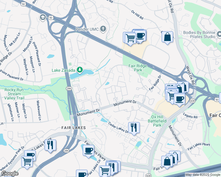 map of restaurants, bars, coffee shops, grocery stores, and more near 4150 Vernoy Hills Road in Fairfax