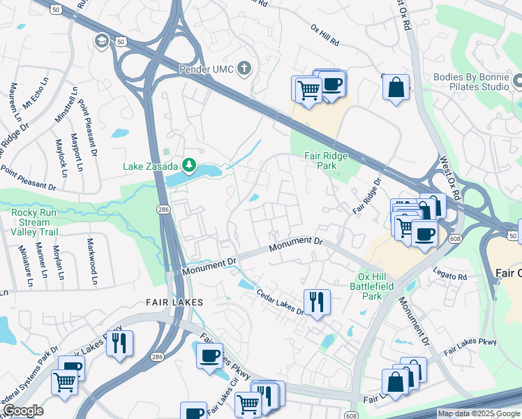 map of restaurants, bars, coffee shops, grocery stores, and more near 4150 Vernoy Hills Road in Fairfax