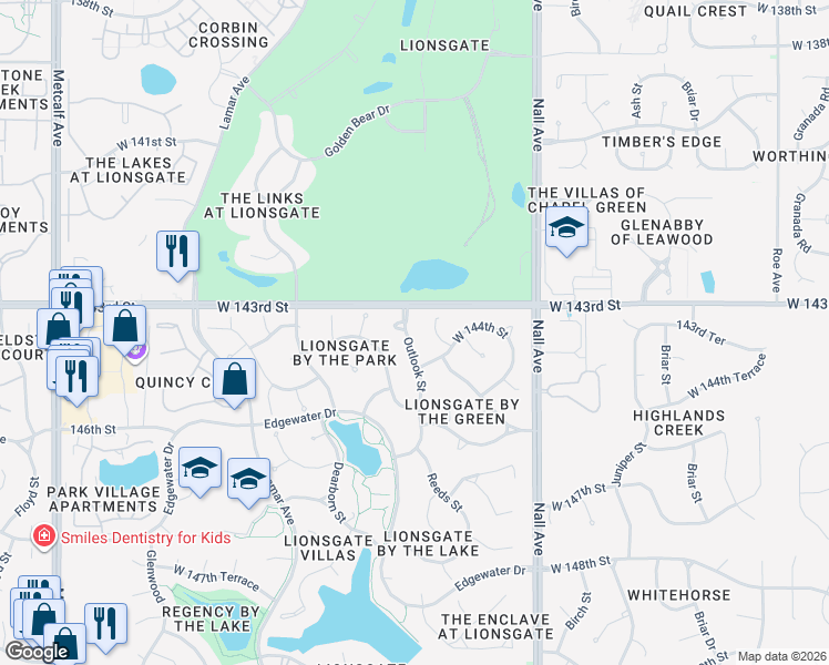 map of restaurants, bars, coffee shops, grocery stores, and more near 14316 Outlook Street in Overland Park