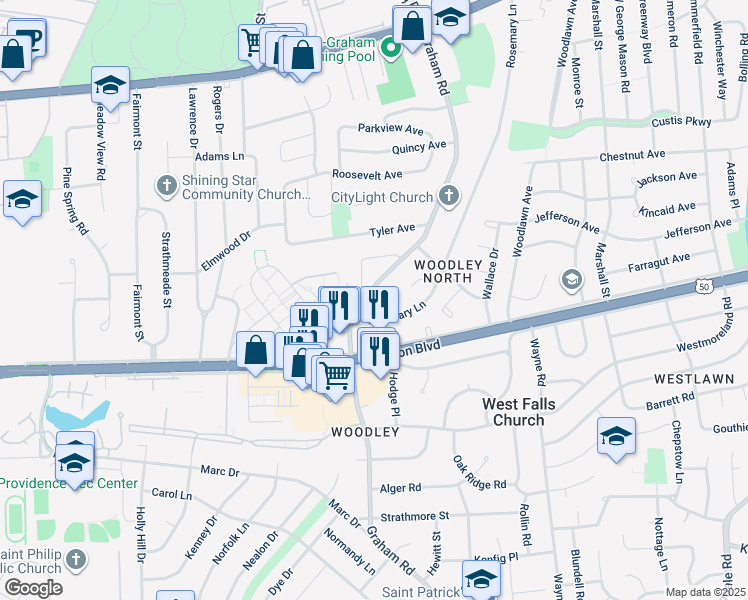 map of restaurants, bars, coffee shops, grocery stores, and more near 3023 Graham Road in Falls Church