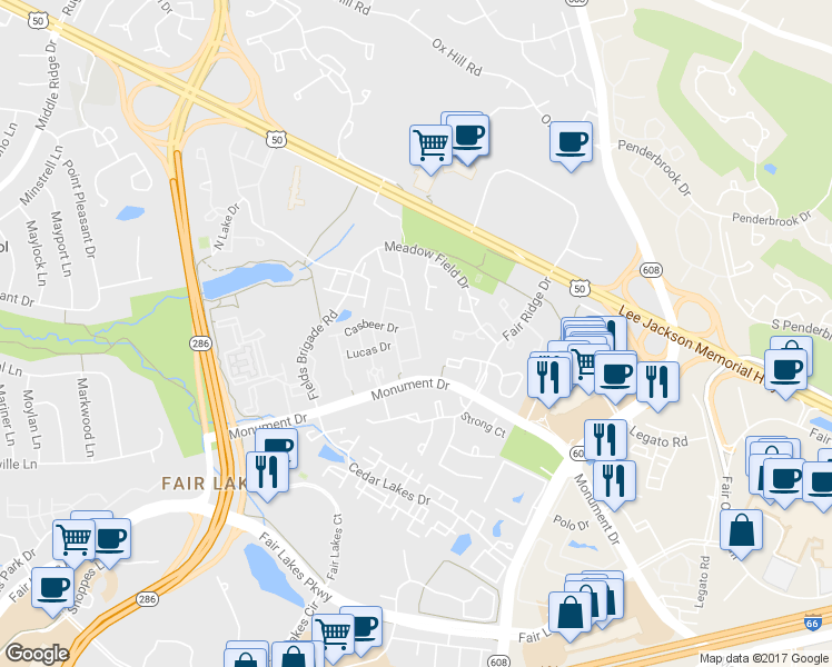 map of restaurants, bars, coffee shops, grocery stores, and more near 20874 Brookgreen Drive in Fairfax