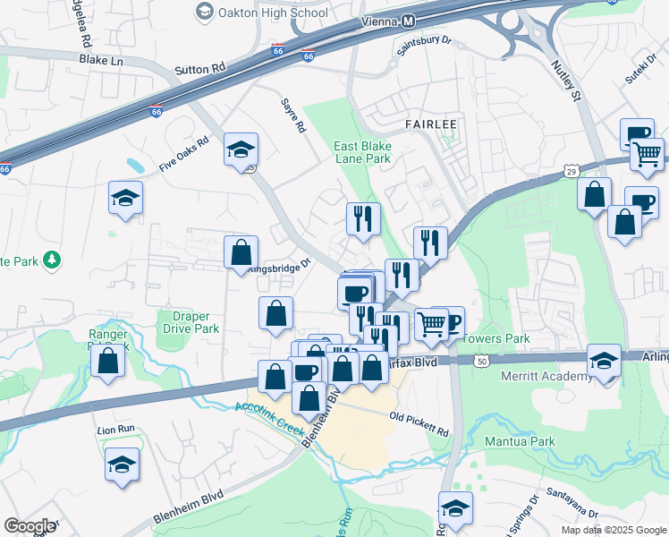 map of restaurants, bars, coffee shops, grocery stores, and more near 9555 Blake Lane in Fairfax