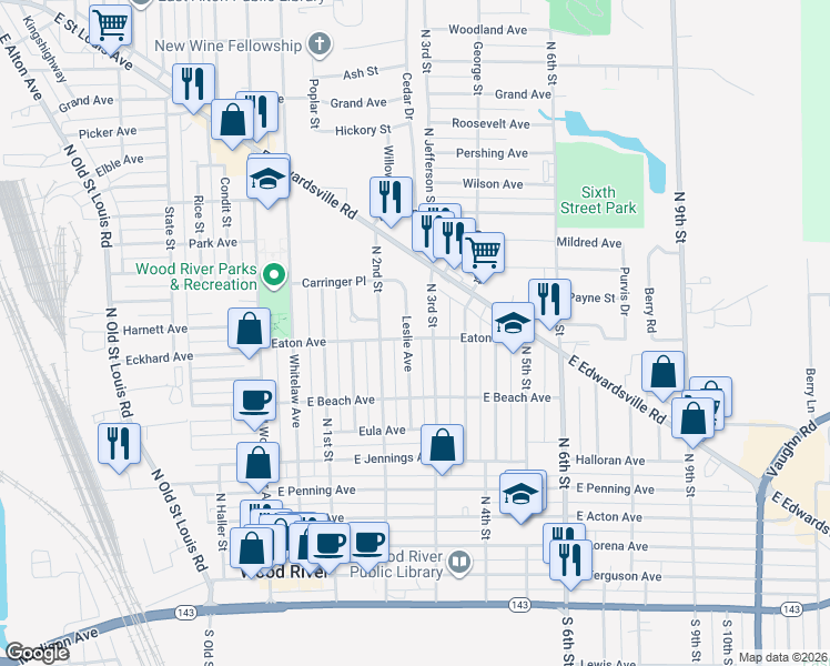 map of restaurants, bars, coffee shops, grocery stores, and more near 576 Leslie Avenue in Wood River