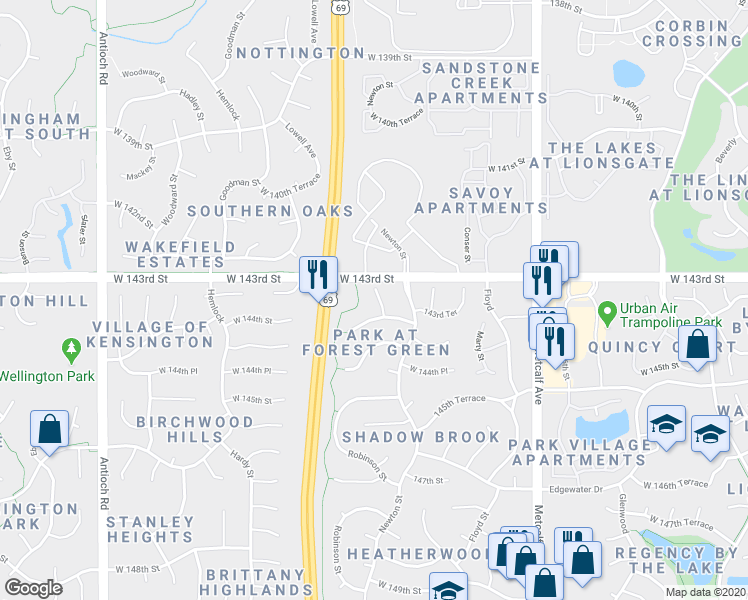 map of restaurants, bars, coffee shops, grocery stores, and more near 6226 Robinson Street in Overland Park