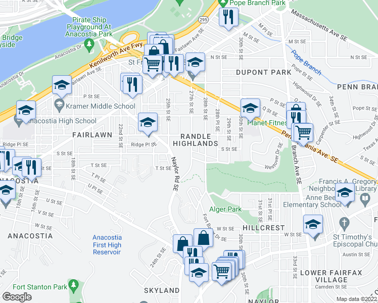 map of restaurants, bars, coffee shops, grocery stores, and more near 1733 27th Street Southeast in Washington