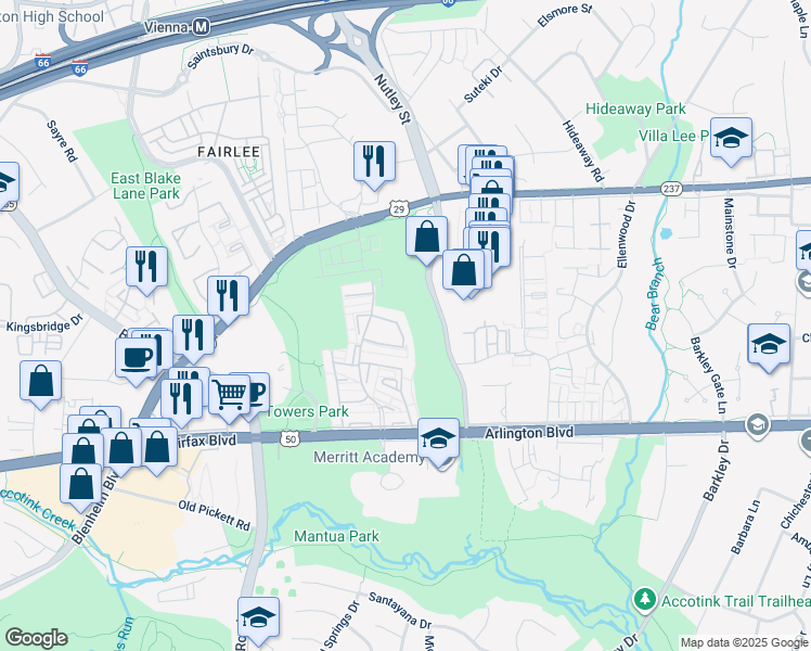 map of restaurants, bars, coffee shops, grocery stores, and more near 9269 Bailey Lane in Fairfax