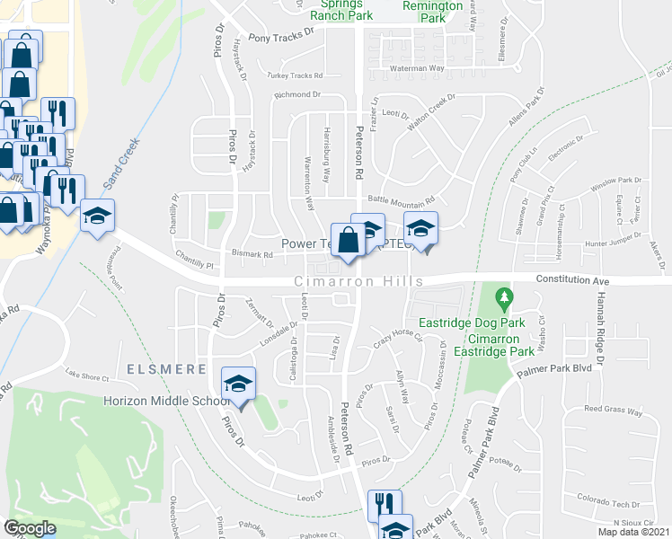 map of restaurants, bars, coffee shops, grocery stores, and more near 2516 Malpaso Point in Colorado Springs