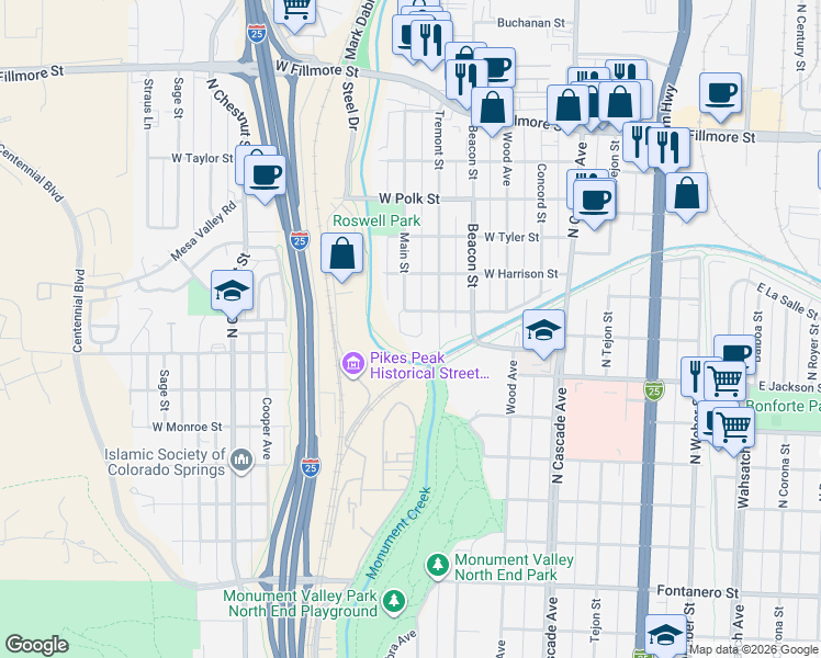 map of restaurants, bars, coffee shops, grocery stores, and more near 465 West Van Buren Street in Colorado Springs