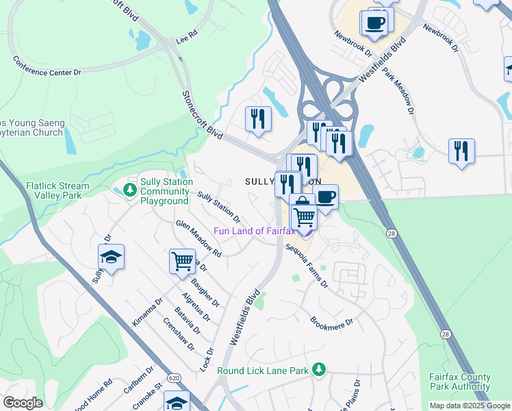 map of restaurants, bars, coffee shops, grocery stores, and more near 14528 Oakmere Drive in Centreville