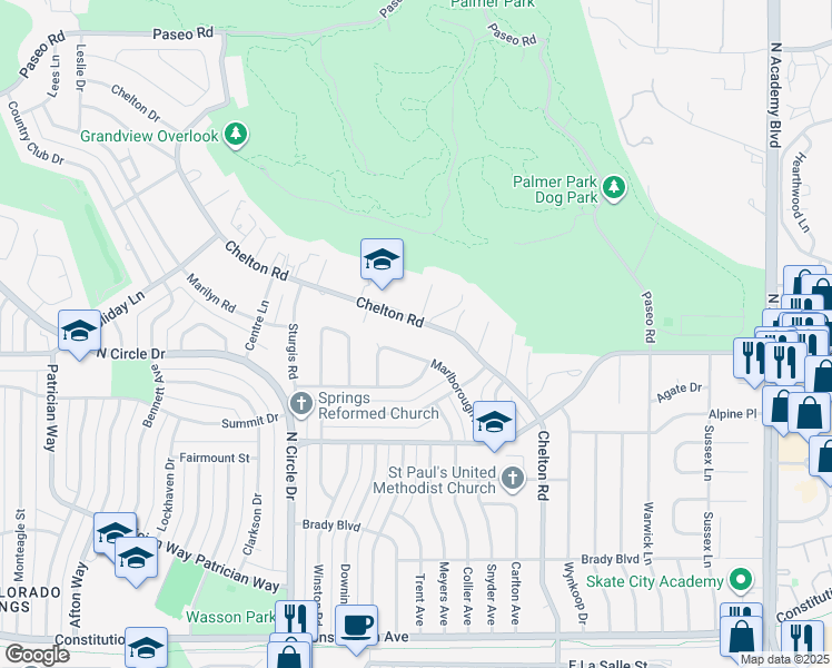 map of restaurants, bars, coffee shops, grocery stores, and more near 2423 Marlborough Road in Colorado Springs