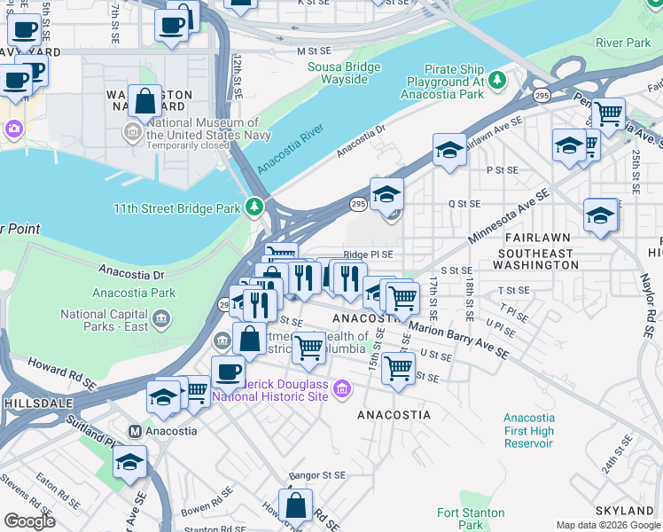 map of restaurants, bars, coffee shops, grocery stores, and more near 101 Independence Avenue Southeast in Washington